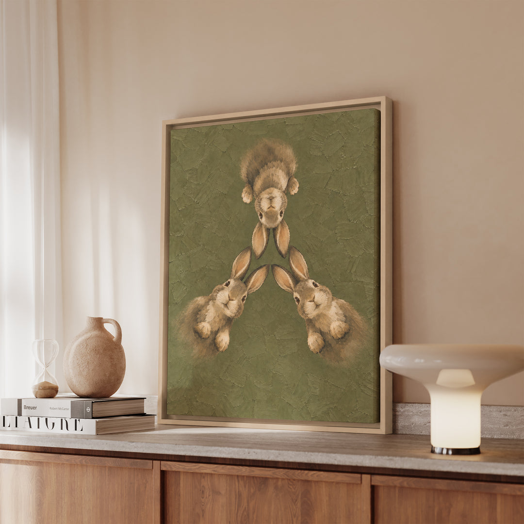 Quiet Warren POV – Bunny Bathroom Art with Ears Converging From Above – Canvas / Framed Canvas