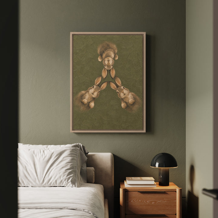 Quiet Warren POV – Bunny Bathroom Art with Ears Converging From Above – Canvas / Framed Canvas
