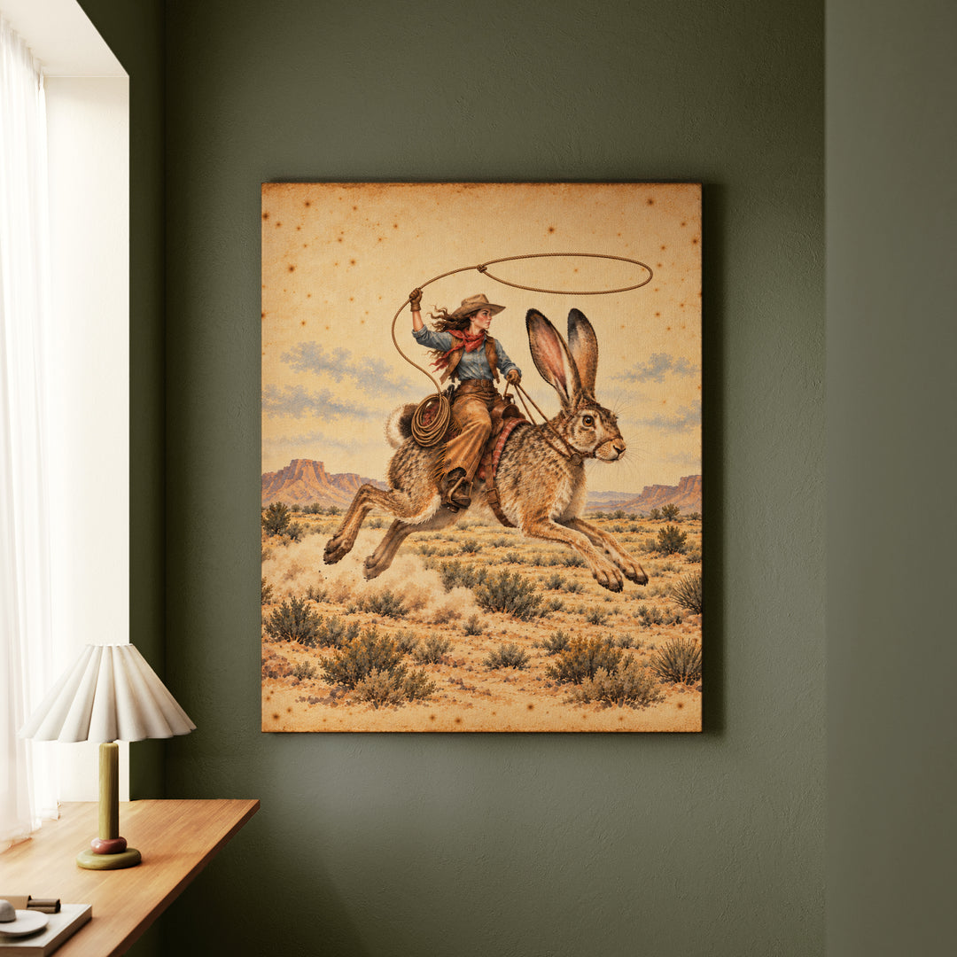 Giant Jackrabbit Rodeo – Western Wall Art with a Lasso Over Open Country – Canvas Wall Art