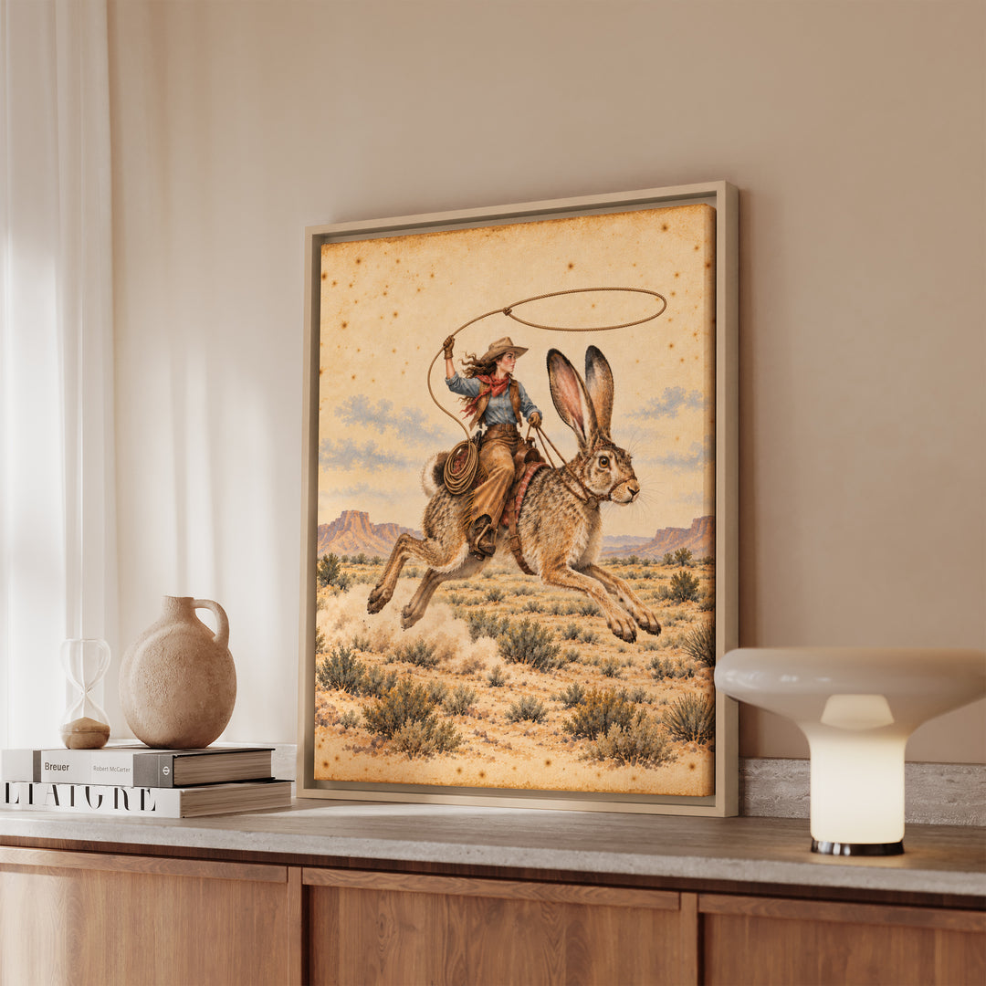 Giant Jackrabbit Rodeo – Western Wall Art with a Lasso Over Open Country – Framed Canvas Wall Art