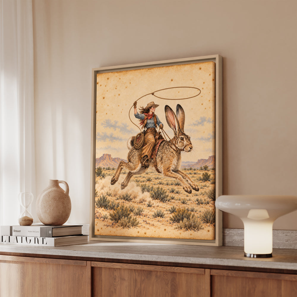 Giant Jackrabbit Rodeo – Western Wall Art with a Lasso Over Open Country – Canvas / Framed Canvas