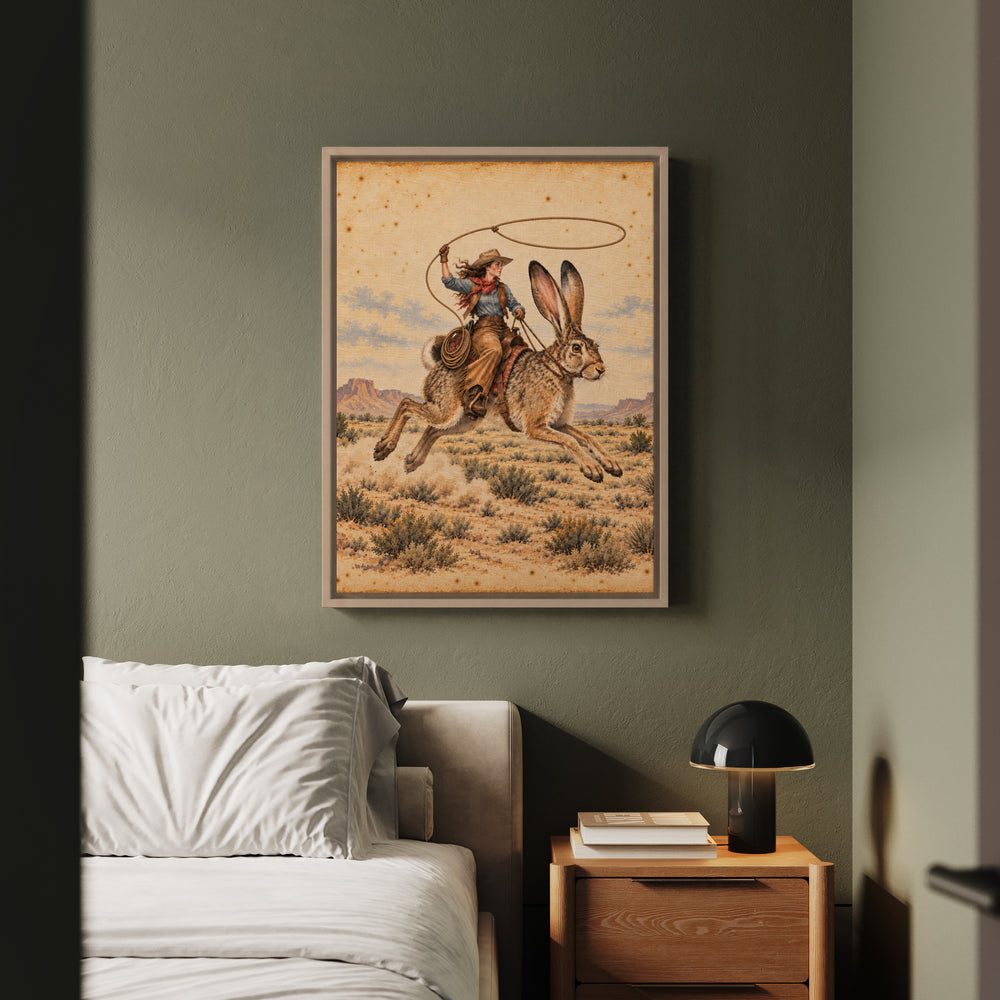 Giant Jackrabbit Rodeo – Western Wall Art with a Lasso Over Open Country – Framed Canvas Wall Art