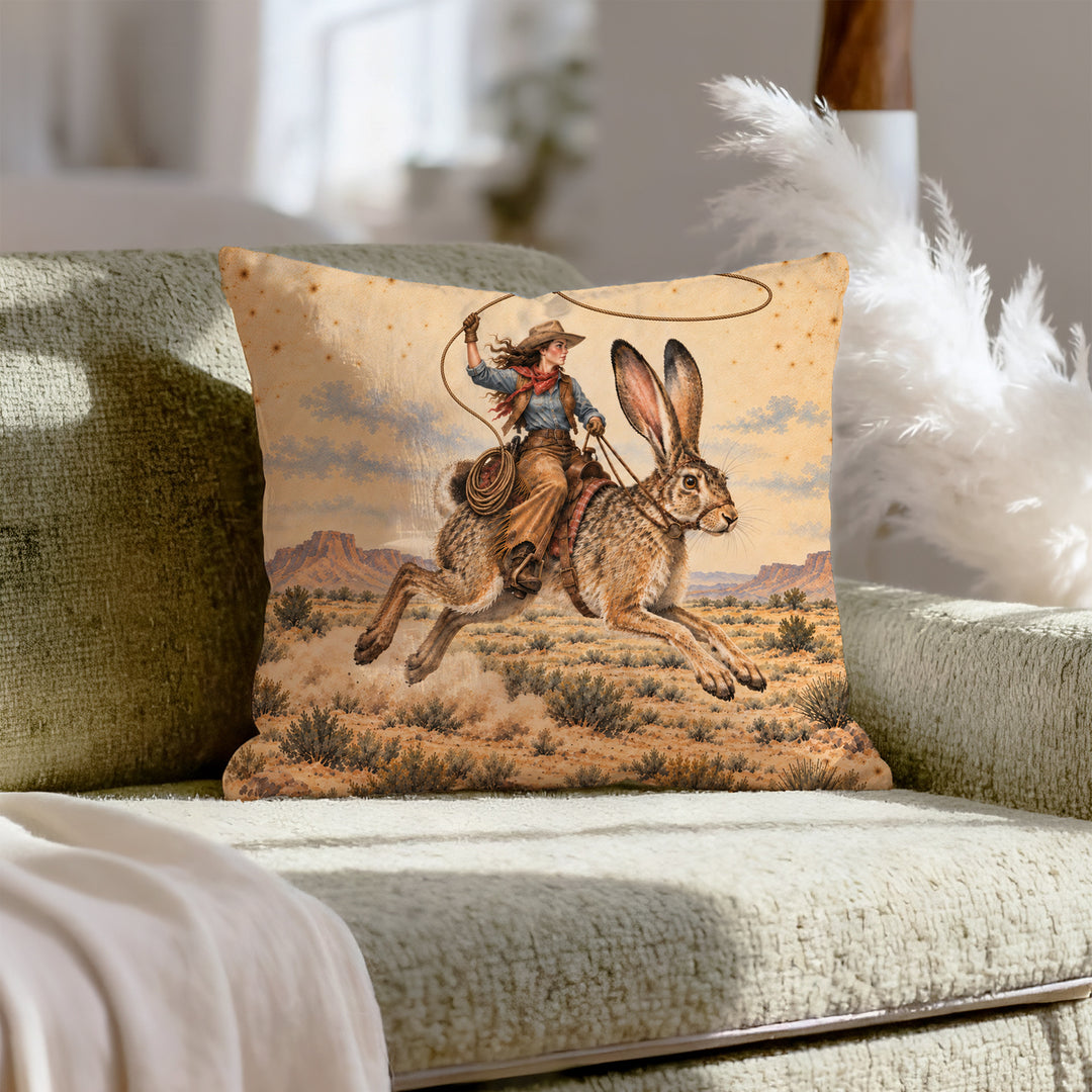 Giant Jackrabbit Rodeo – Western Decor with a Lasso Over Open Country – Pillow Cover