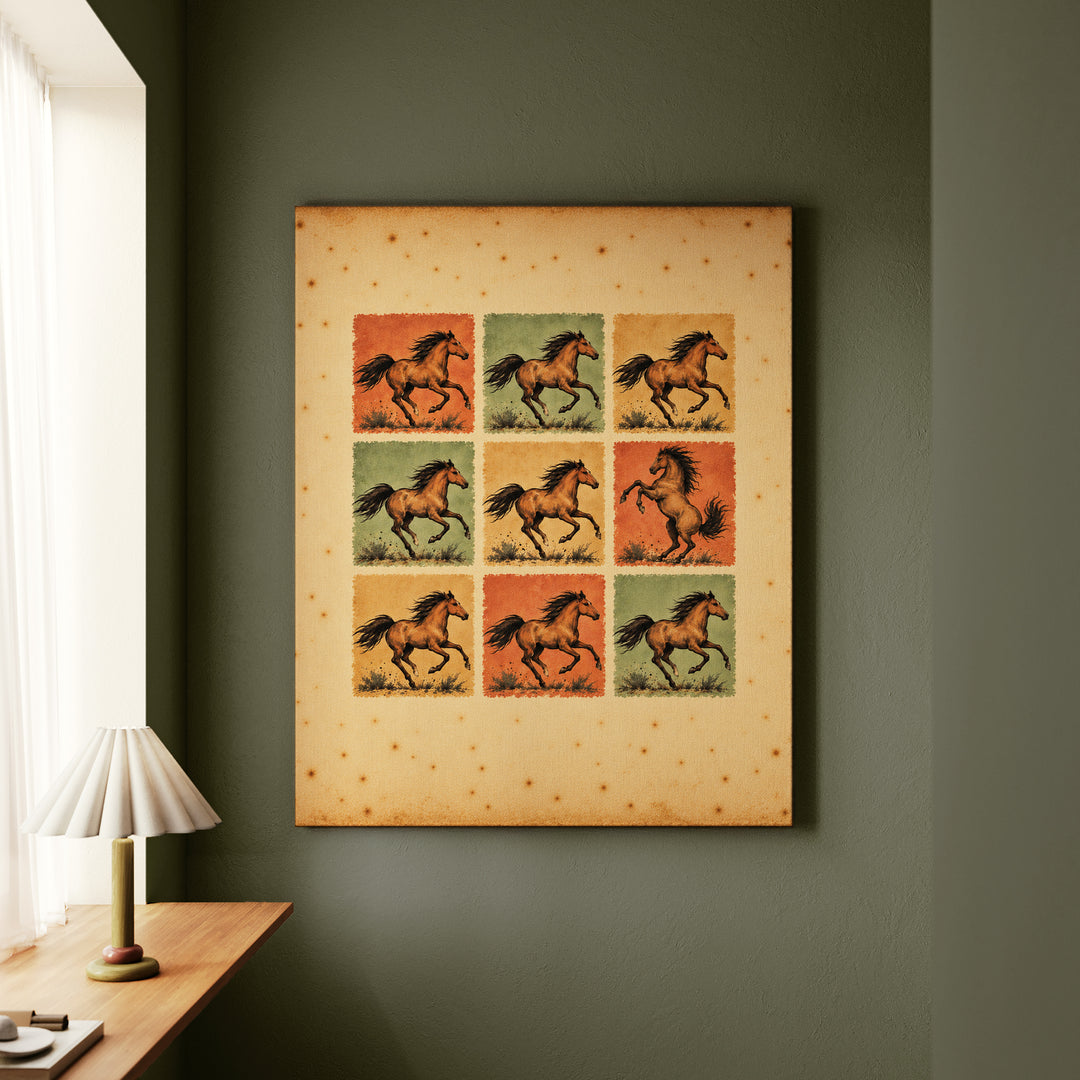 One Breaks the Pattern – Horse Painting with a Nine Block Grid of Gallopers – Canvas / Framed Canvas
