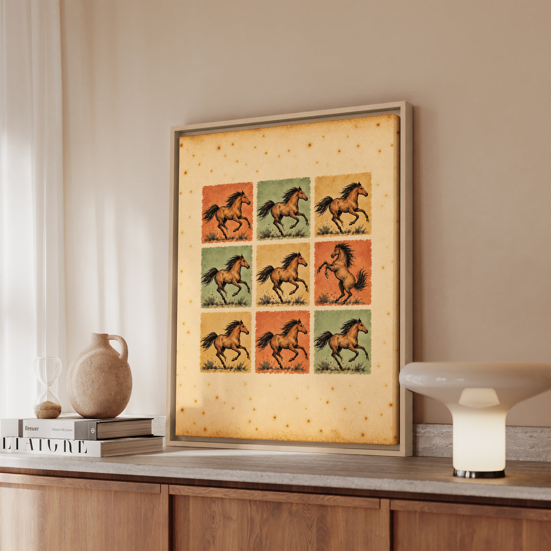 One Breaks the Pattern – Horse Painting with a Nine Block Grid of Gallopers – Framed Canvas Wall Art