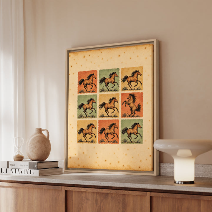 One Breaks the Pattern – Horse Painting with a Nine Block Grid of Gallopers – Canvas / Framed Canvas