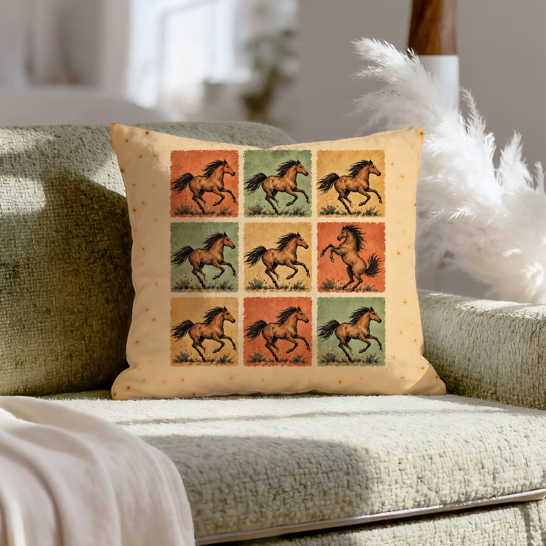One Breaks the Pattern – Horse Decor with a Nine Block Grid of Gallopers – Throw Pillow