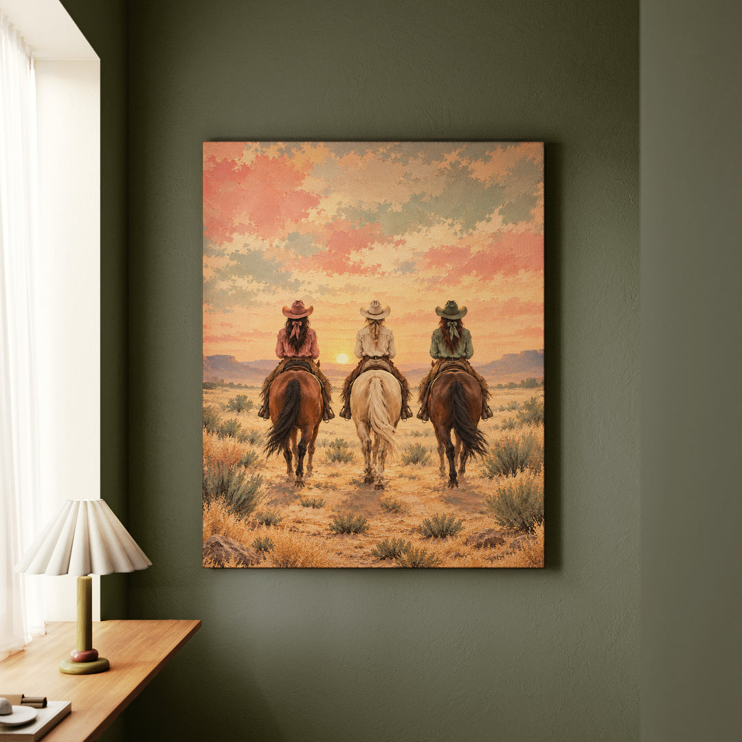 Dawn Ride, Backs Turned – Cowgirl Wall Art with Three Riders at First Light – Canvas Wall Art