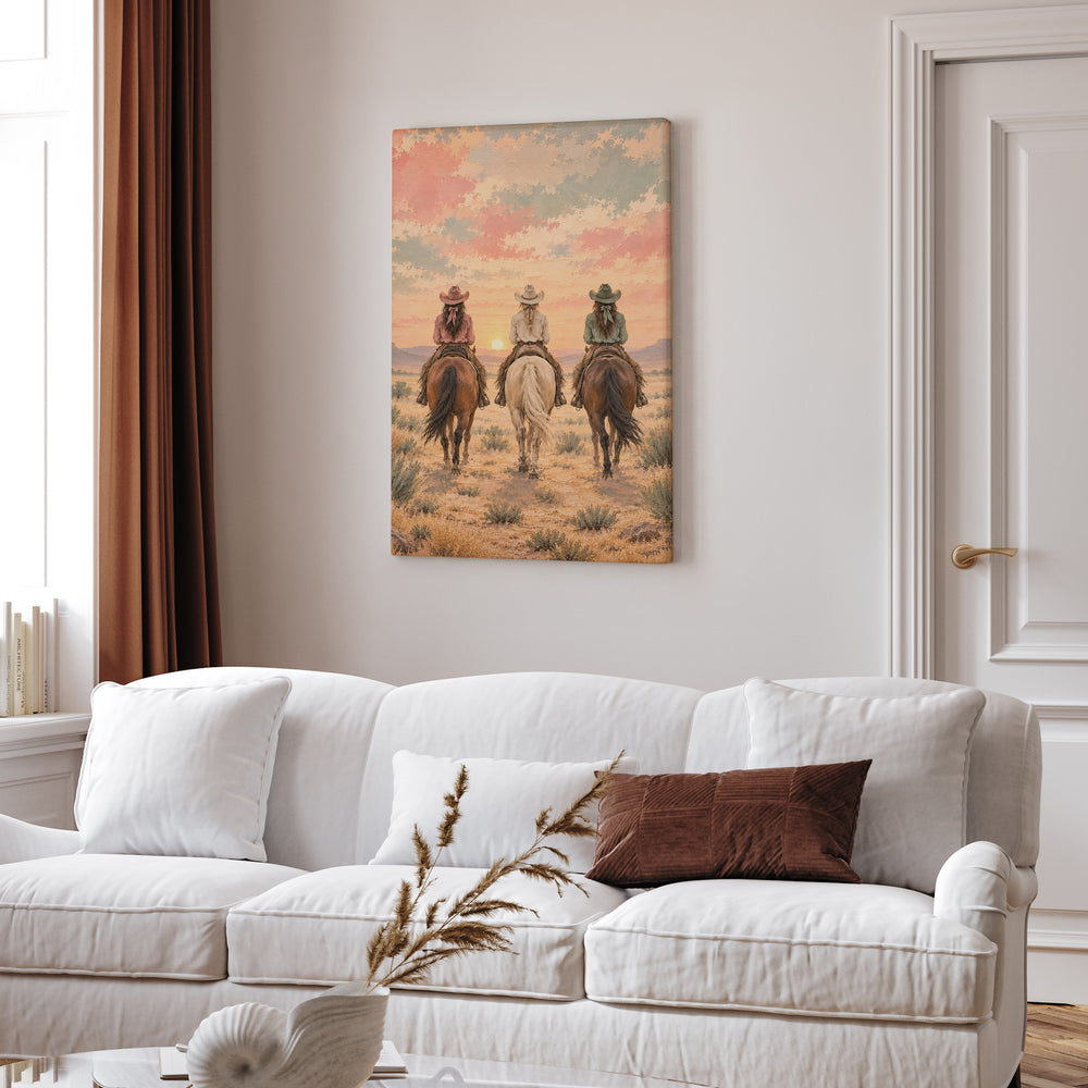 Dawn Ride, Backs Turned – Cowgirl Wall Art with Three Riders at First Light – Canvas Wall Art