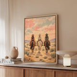 Dawn Ride, Backs Turned – Cowgirl Wall Art with Three Riders at First Light – Framed Canvas Wall Art
