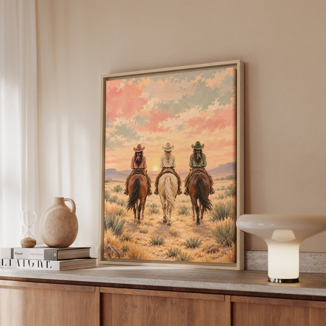 Dawn Ride, Backs Turned – Cowgirl Wall Art with Three Riders at First Light – Canvas / Framed Canvas