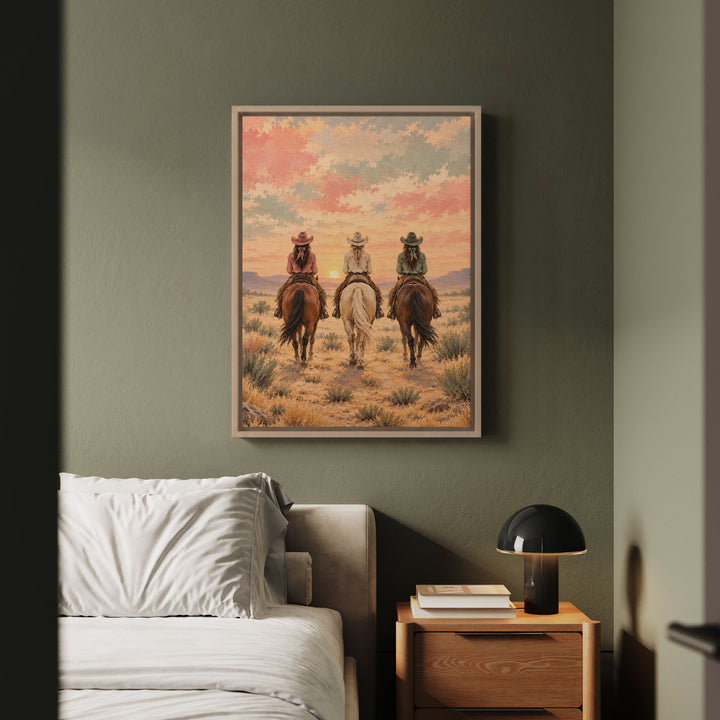 Dawn Ride, Backs Turned – Cowgirl Wall Art with Three Riders at First Light – Framed Canvas Wall Art