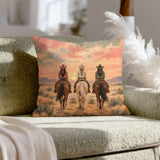 Dawn Ride, Backs Turned – Cowgirl Decor with Three Riders at First Light – Pillow Cover