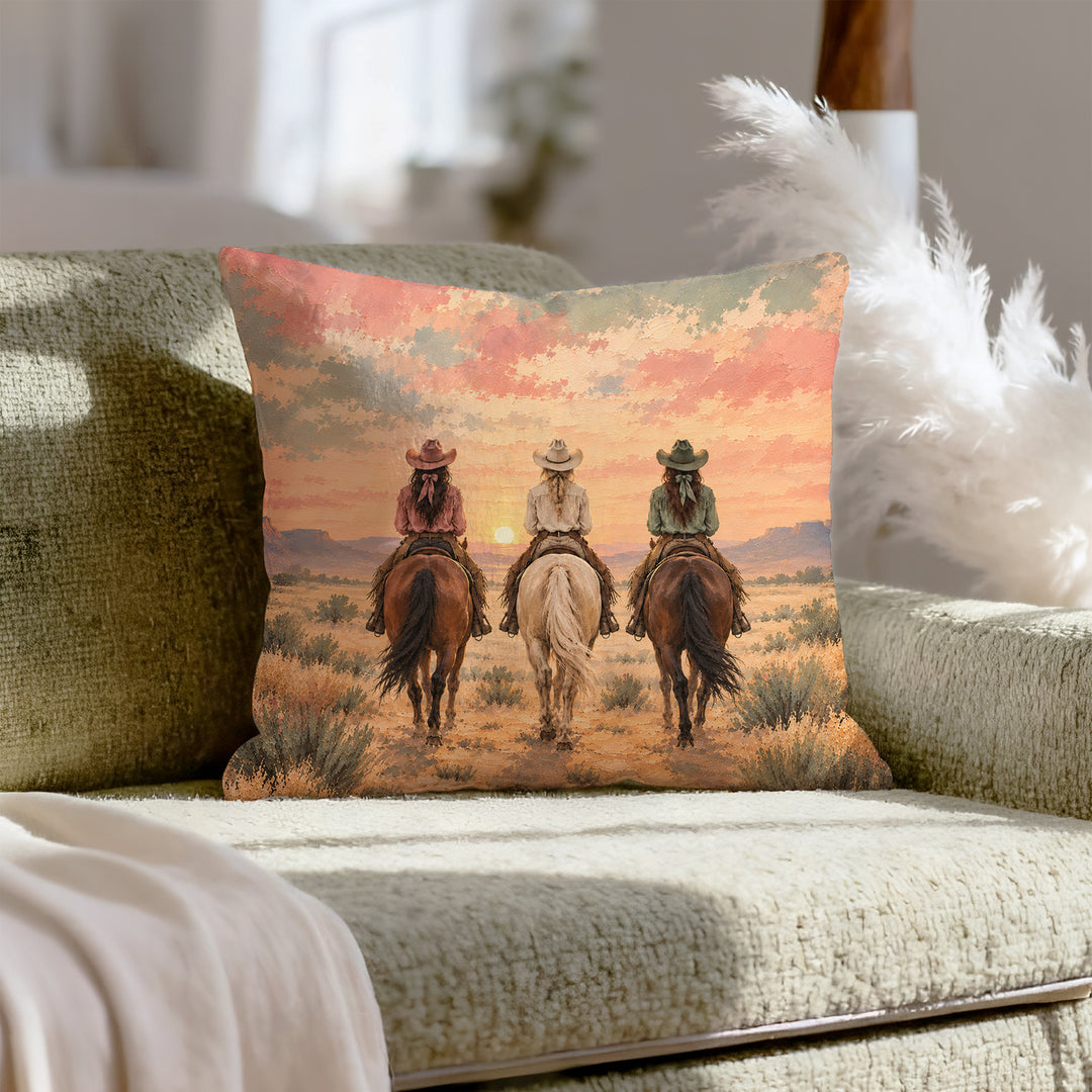 Dawn Ride, Backs Turned – Cowgirl Wall Art with Three Riders at First Light – Pillow / Cover