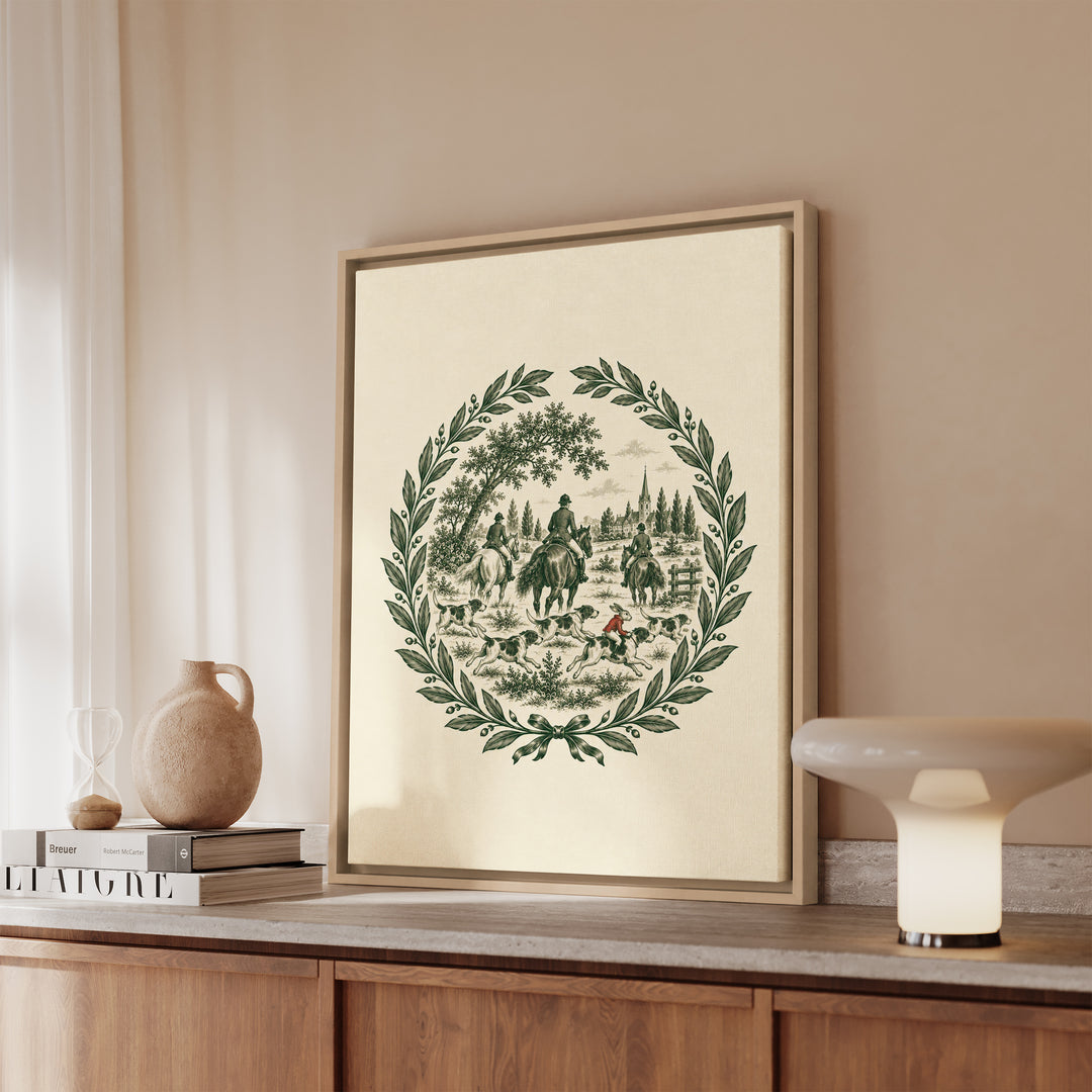 Twisted Toile – Equestrian Decor with a Single Color Hunt Medallion – Framed Canvas Wall Art