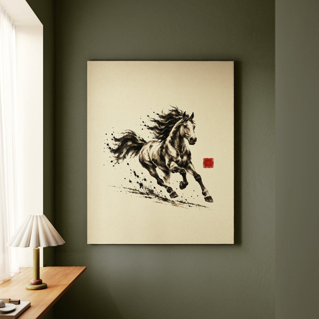 Year of the Horse Gallop – Horse Art with Ink Brush Energy in Full Stride – Canvas Wall Art