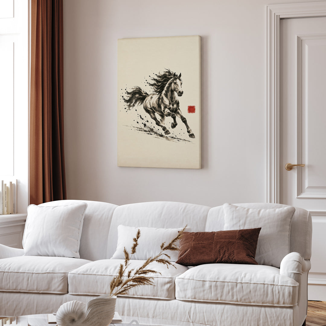 Year of the Horse Gallop – Horse Art with Ink Brush Energy in Full Stride – Canvas Wall Art