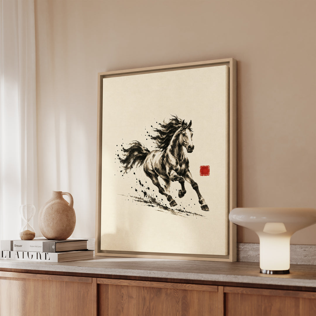 Year of the Horse Gallop – Horse Art with Ink Brush Energy in Full Stride – Framed Canvas Wall Art