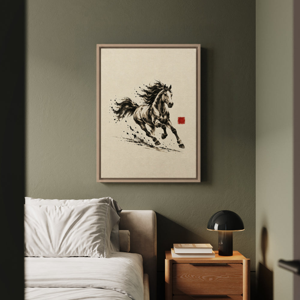Year of the Horse Gallop – Horse Art with Ink Brush Energy in Full Stride – Framed Canvas Wall Art