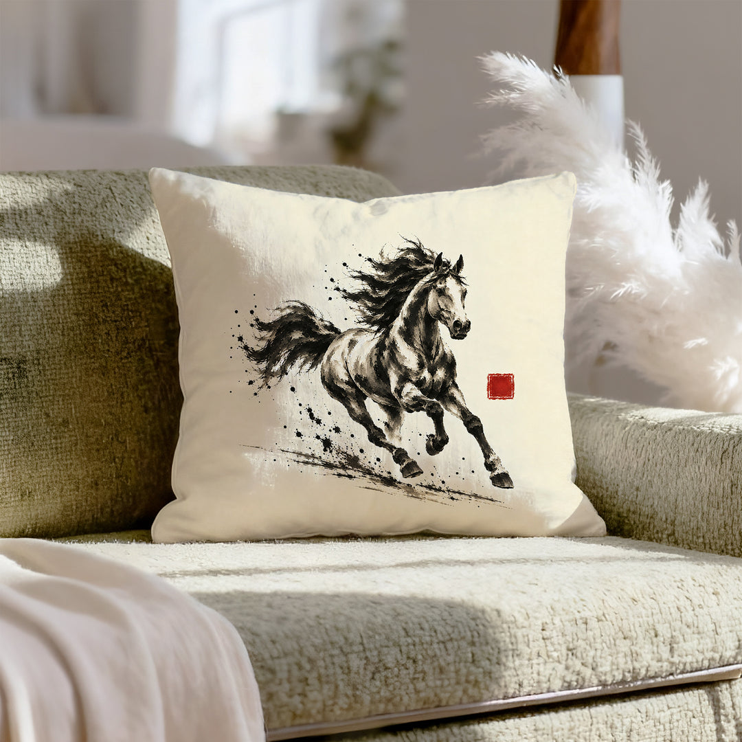 Year of the Horse Gallop – Horse Decor with Ink Brush Energy in Full Stride – Throw Pillow