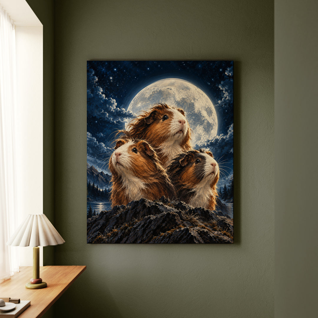 Moonlit Trio – Funny Wall Art with Three Guinea Pigs in Noble Pose – Canvas Wall Art
