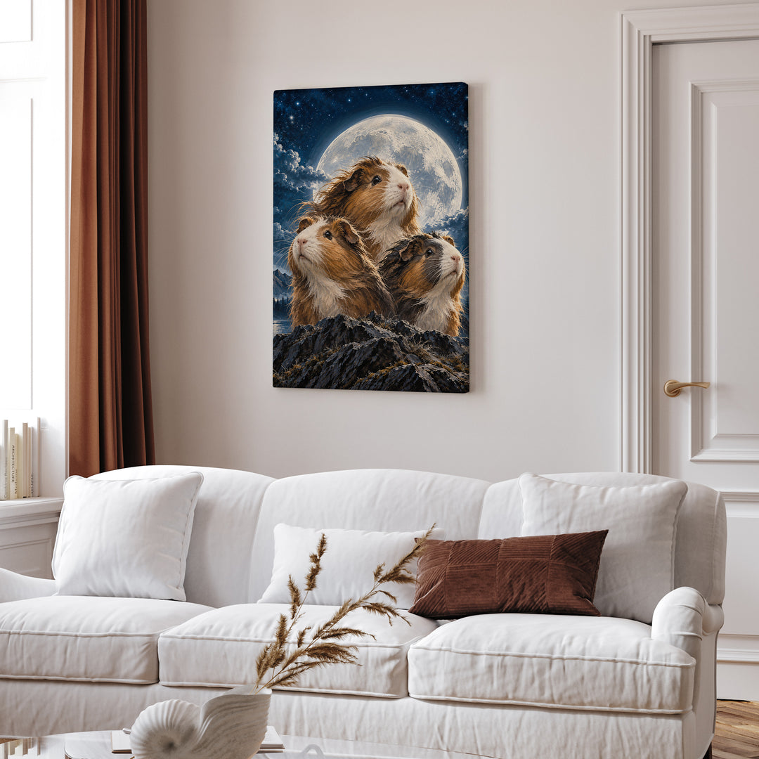 Moonlit Trio – Funny Wall Art with Three Guinea Pigs in Noble Pose – Canvas Wall Art