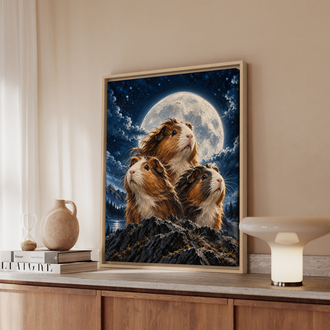 Moonlit Trio – Funny Wall Art with Three Guinea Pigs in Noble Pose – Framed Canvas Wall Art