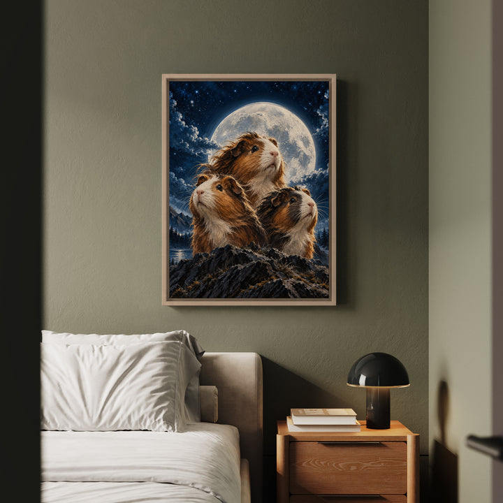 Moonlit Trio – Funny Wall Art with Three Guinea Pigs in Noble Pose – Framed Canvas Wall Art