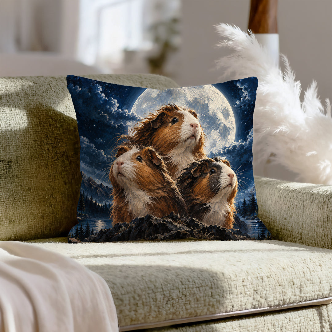 Moonlit Trio – Funny Decor with Three Guinea Pigs in Noble Pose – Throw Pillow