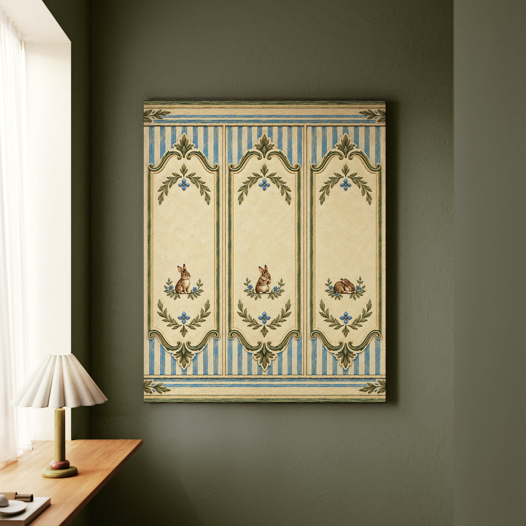 Grand Frame Minis – Bunny Nursery Decor with Three Tiny Painted Hares – Canvas / Framed Canvas
