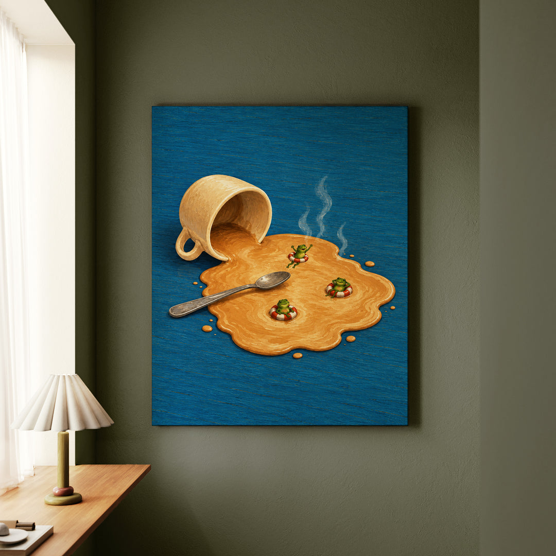Spill Season – Coffee Art with a Tipped Cup and a Foam Lake – Canvas Wall Art