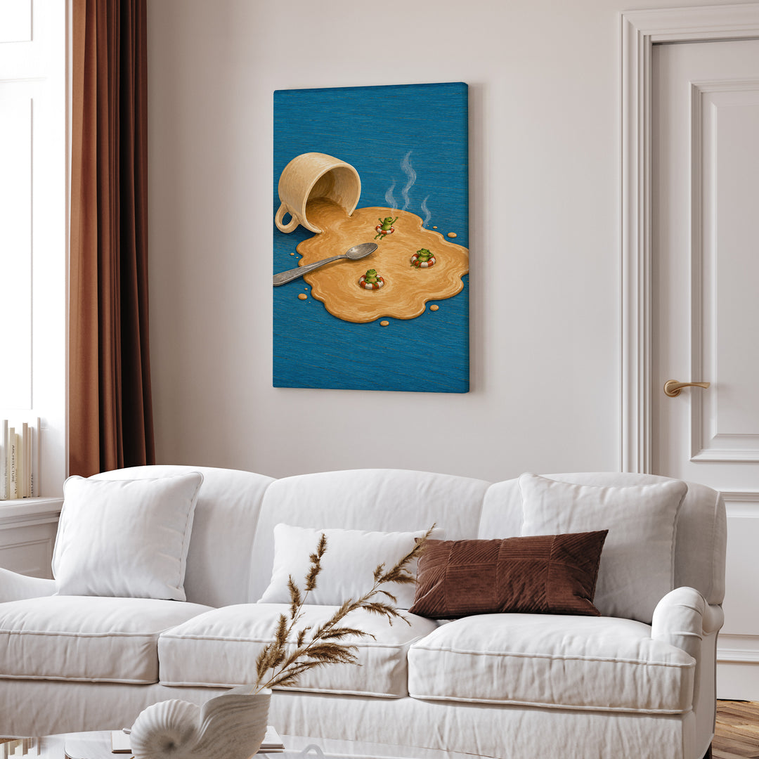 Spill Season – Coffee Art with a Tipped Cup and a Foam Lake – Canvas Wall Art