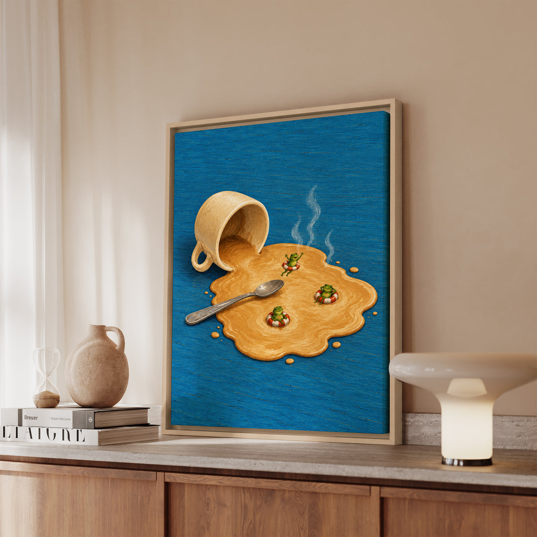 Spill Season – Coffee Art with a Tipped Cup and a Foam Lake – Canvas / Framed Canvas
