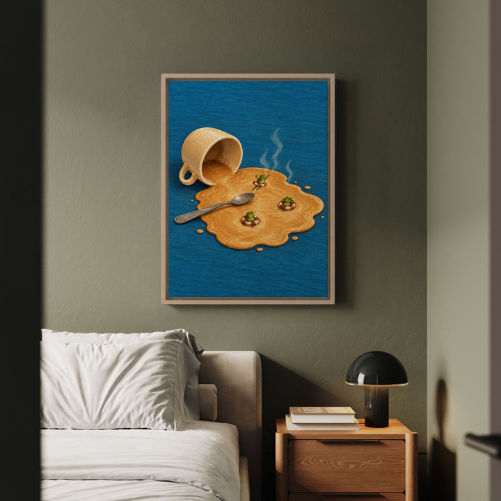 Spill Season – Coffee Art with a Tipped Cup and a Foam Lake – Framed Canvas Wall Art