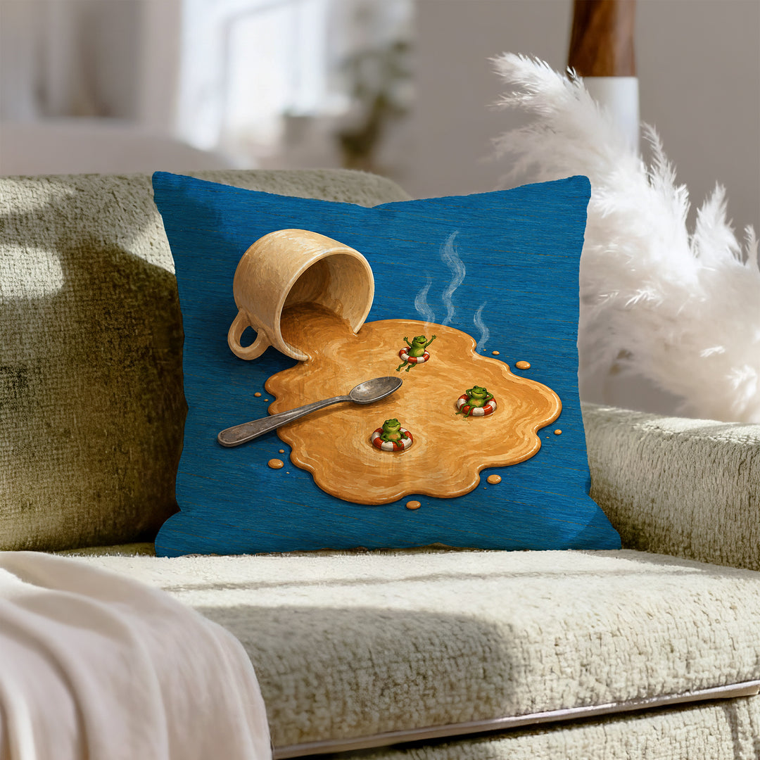 Spill Season – Coffee Decor with a Tipped Cup and a Foam Lake – Throw Pillow