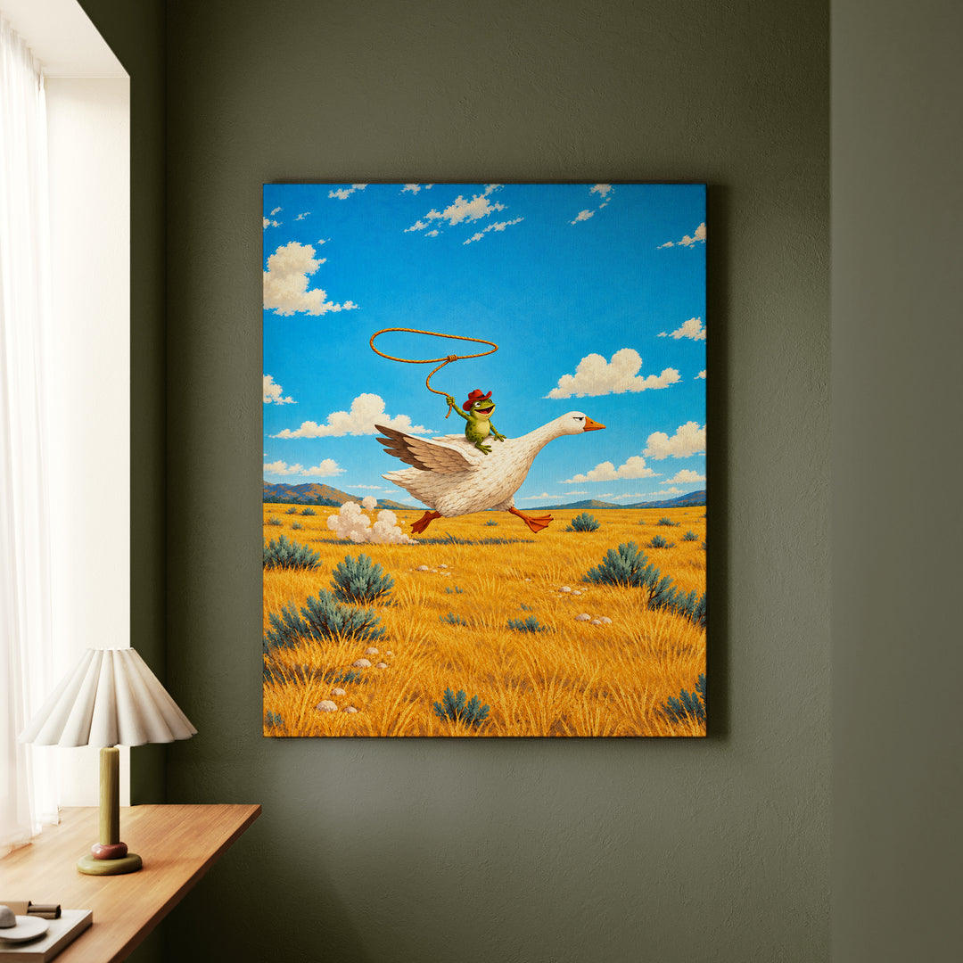 The Getaway – Cowboy Art with a Frog Riding a Dignified Steed – Canvas Wall Art