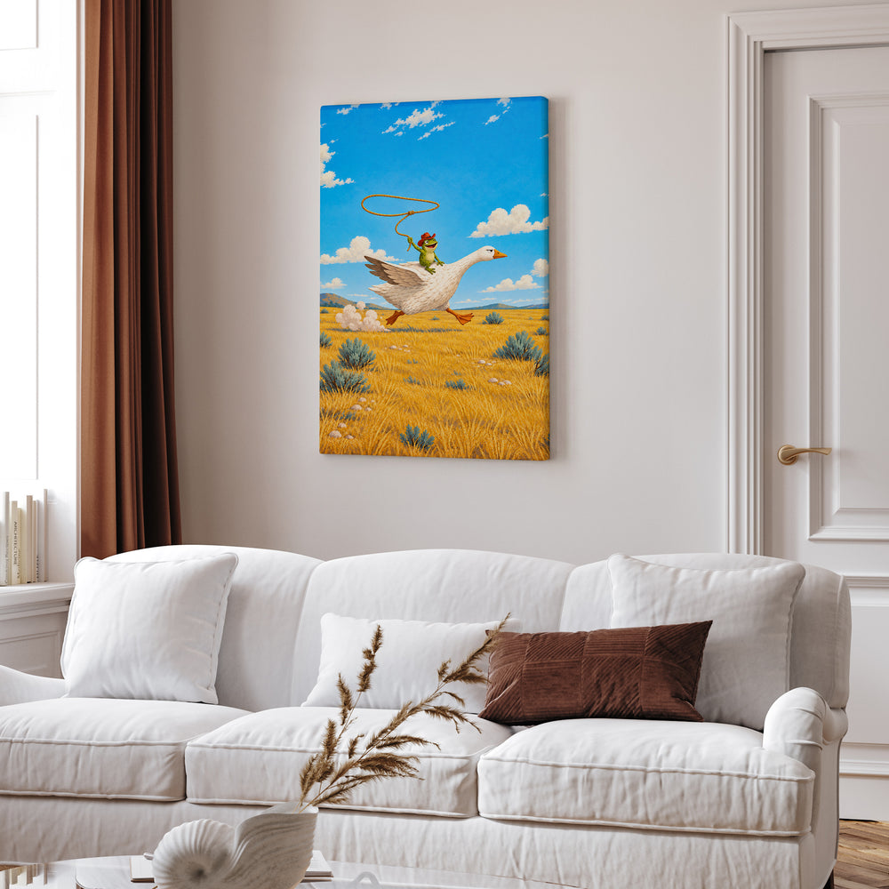 The Getaway – Cowboy Art with a Frog Riding a Dignified Steed – Canvas Wall Art