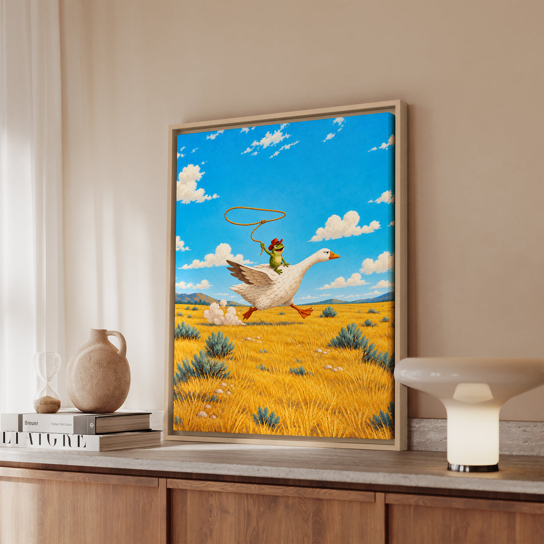 The Getaway – Cowboy Art with a Frog Riding a Dignified Steed – Framed Canvas Wall Art