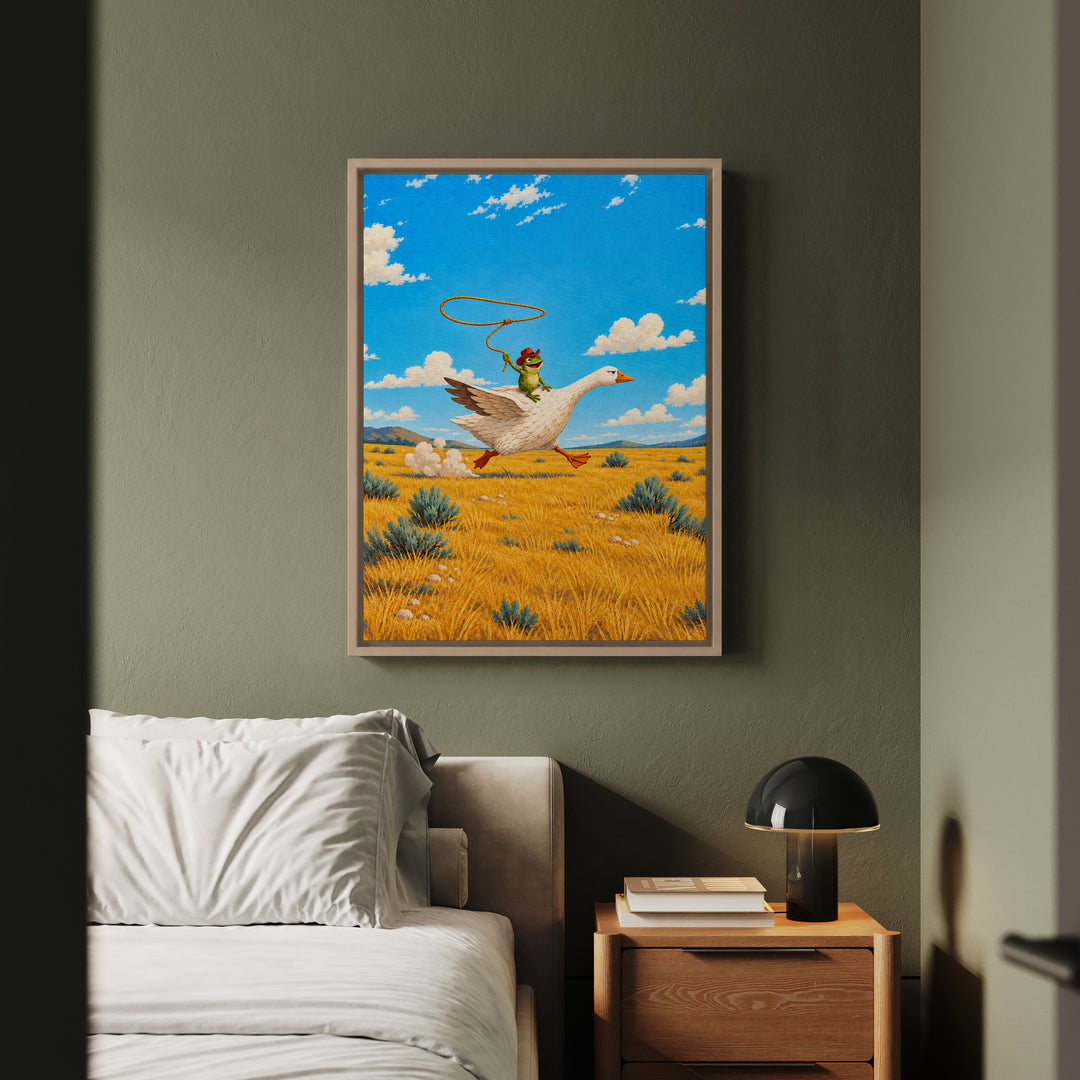 The Getaway – Cowboy Art with a Frog Riding a Dignified Steed – Framed Canvas Wall Art