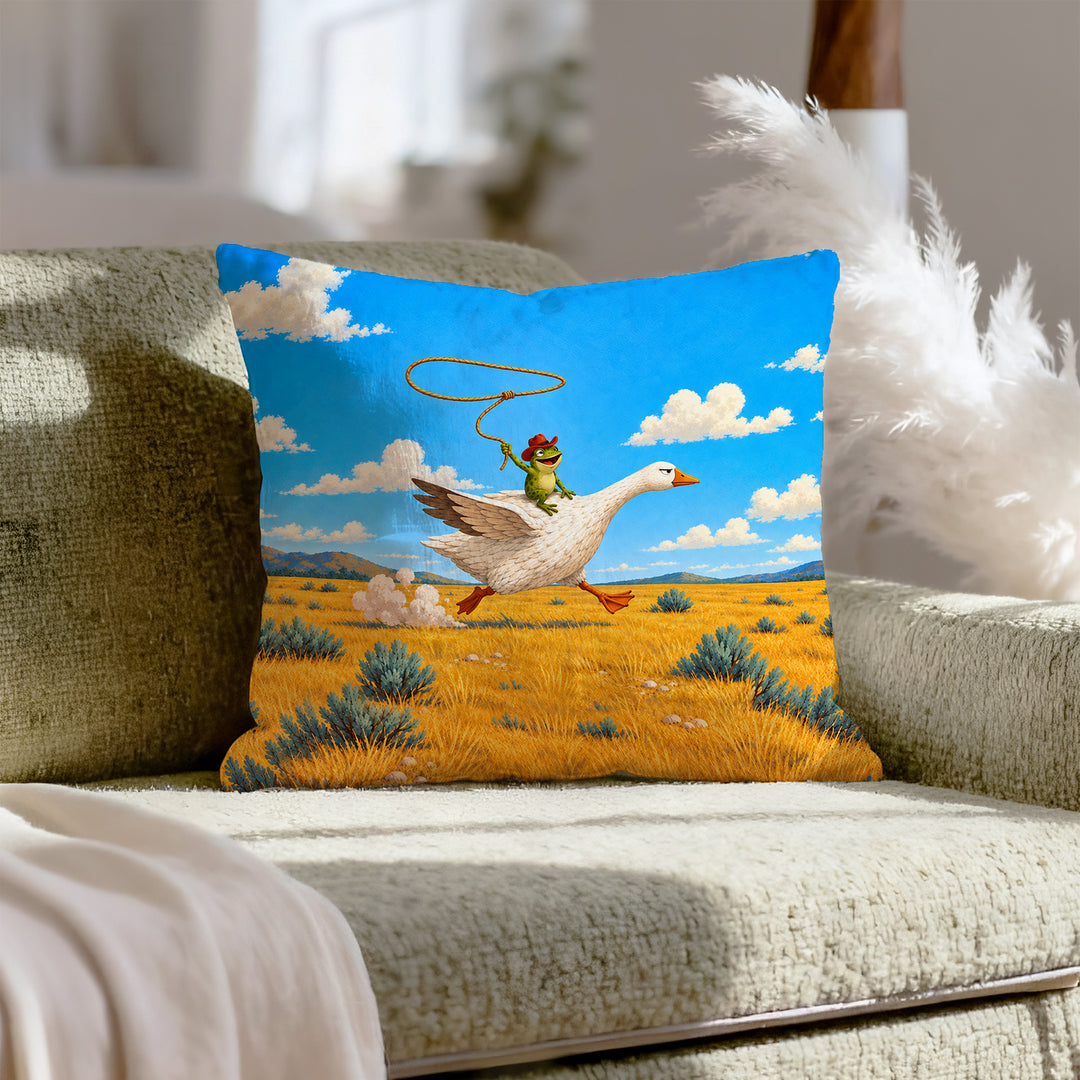 The Getaway – Cowboy Decor with a Frog Riding a Dignified Steed – Pillow Cover