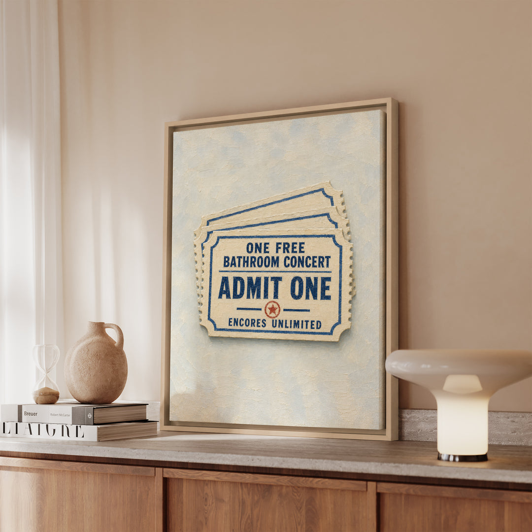 Admit One – Funny Bathroom Art with a Vintage Admission Slip – Framed Canvas Wall Art