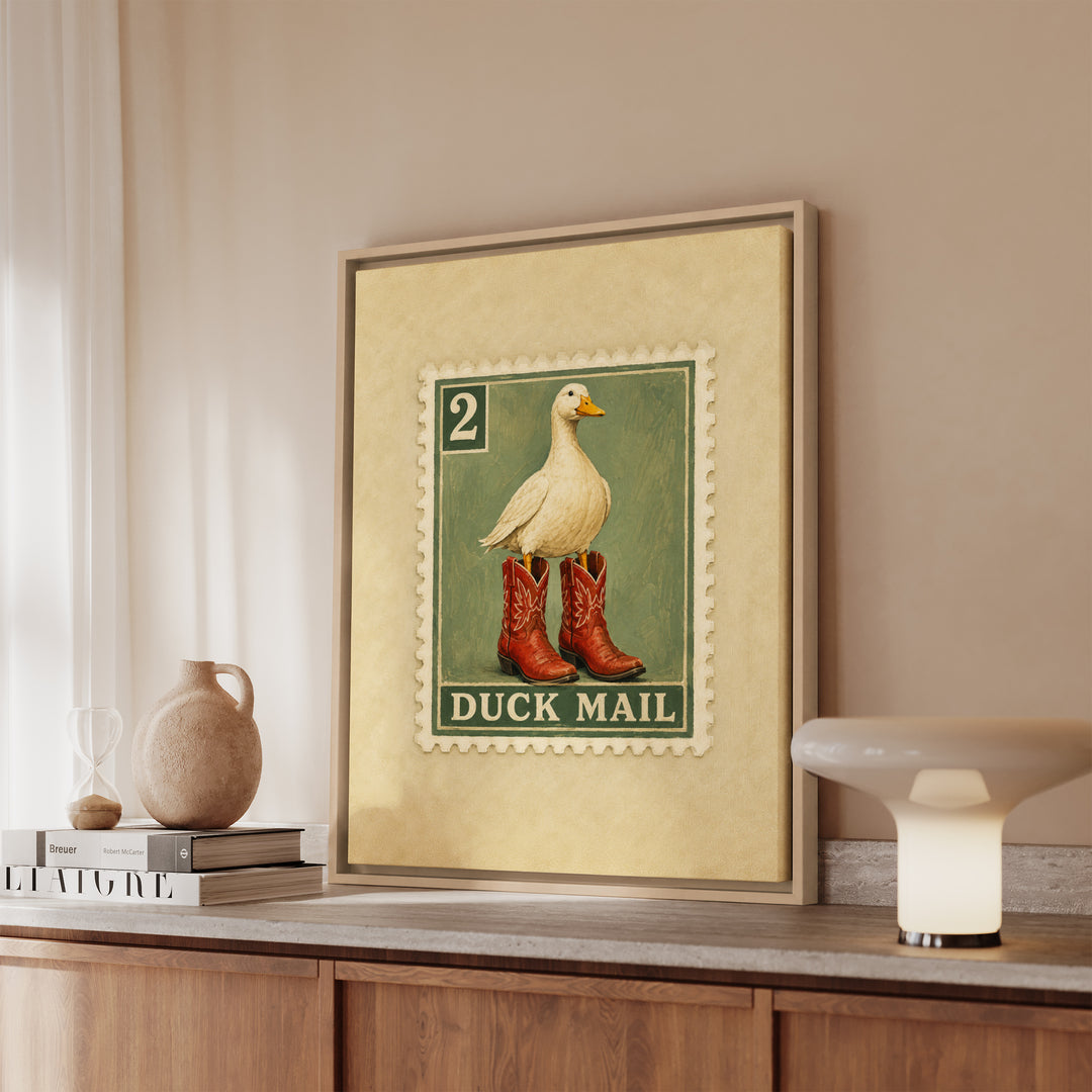 First Class Delivery – Duck Art with an Oversized Painted Stamp – Framed Canvas Wall Art