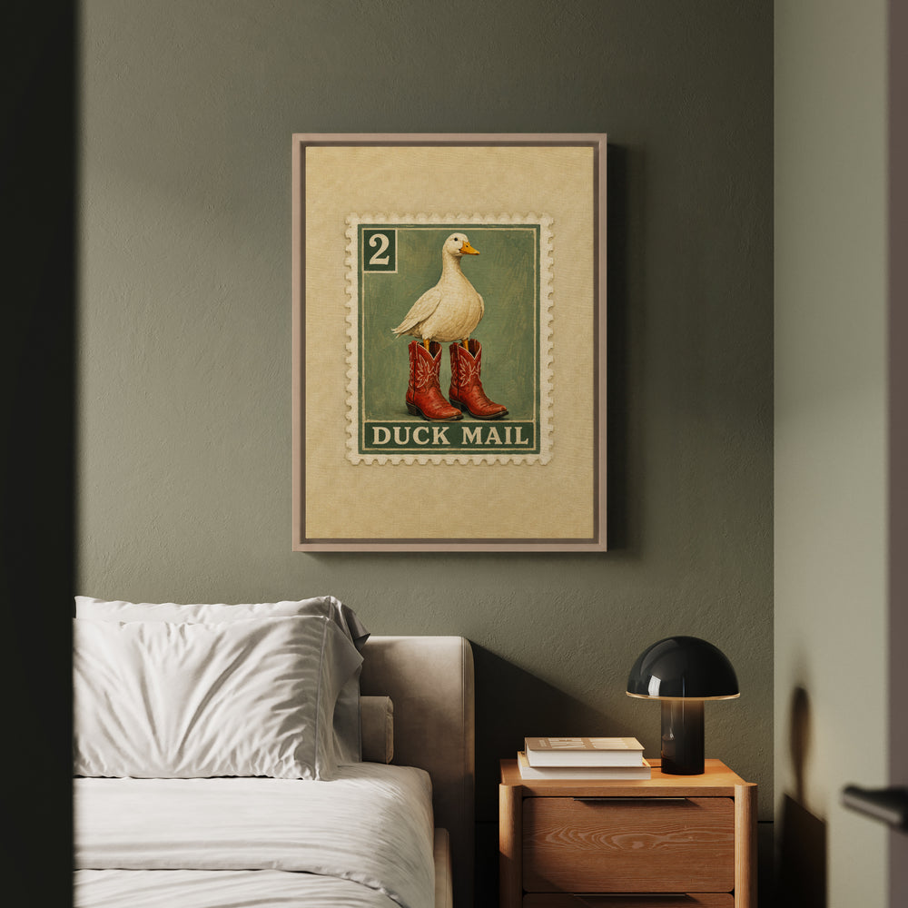 First Class Delivery – Duck Art with an Oversized Painted Stamp – Framed Canvas Wall Art