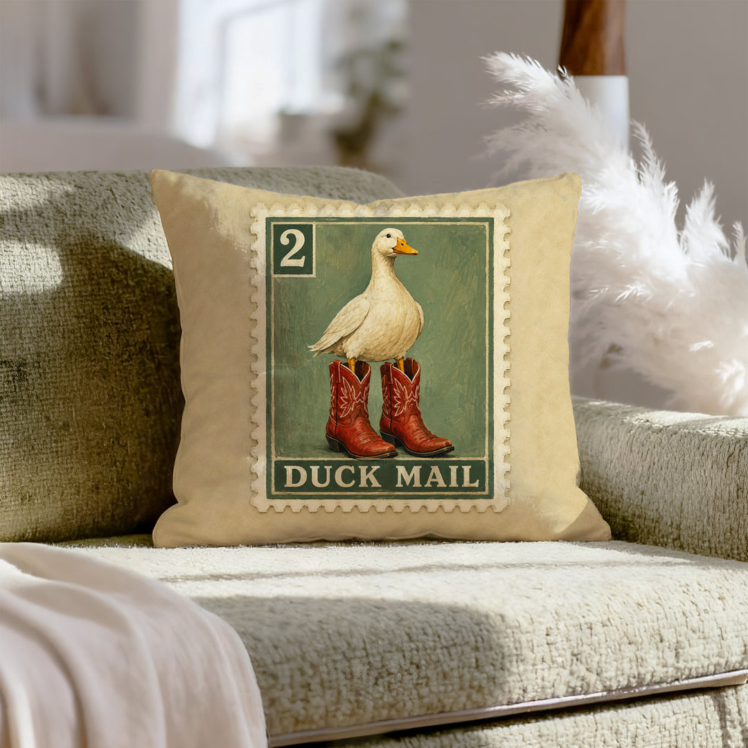First Class Delivery – Duck Decor with an Oversized Painted Stamp – Throw Pillow