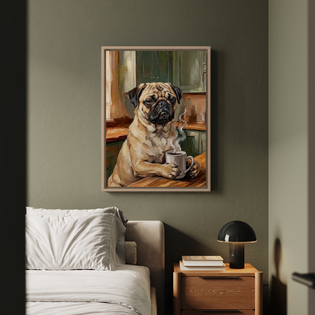 "Before Coffee" - Pug Vertical Framed Canvas - Dog Lover Wall Art