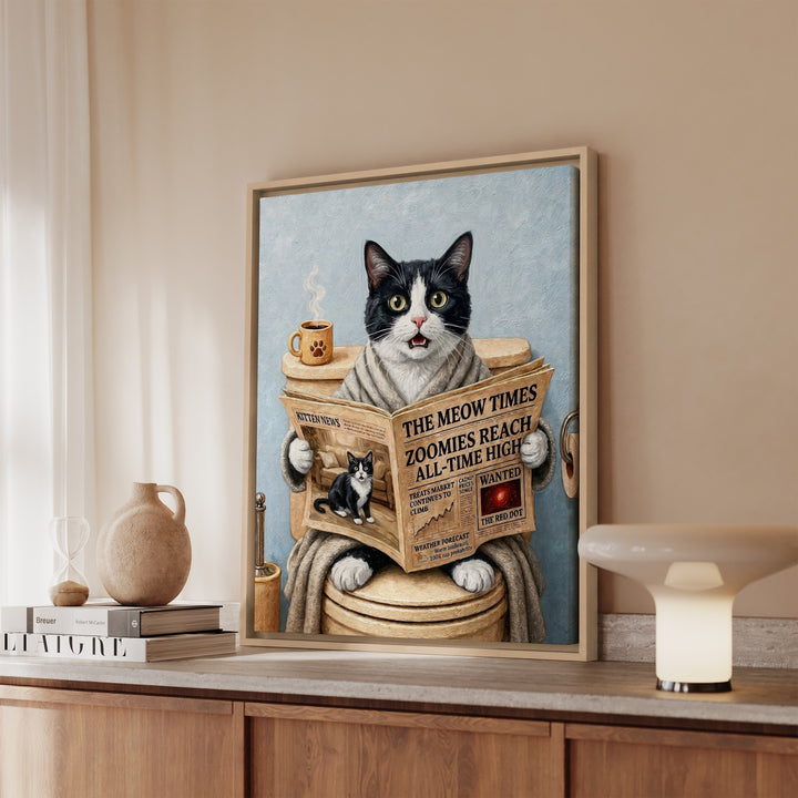 Tuxedo Cat on the Toilet Funny Bathroom Art, Newspaper Reading Cat Print, Canvas or Framed Wall Art