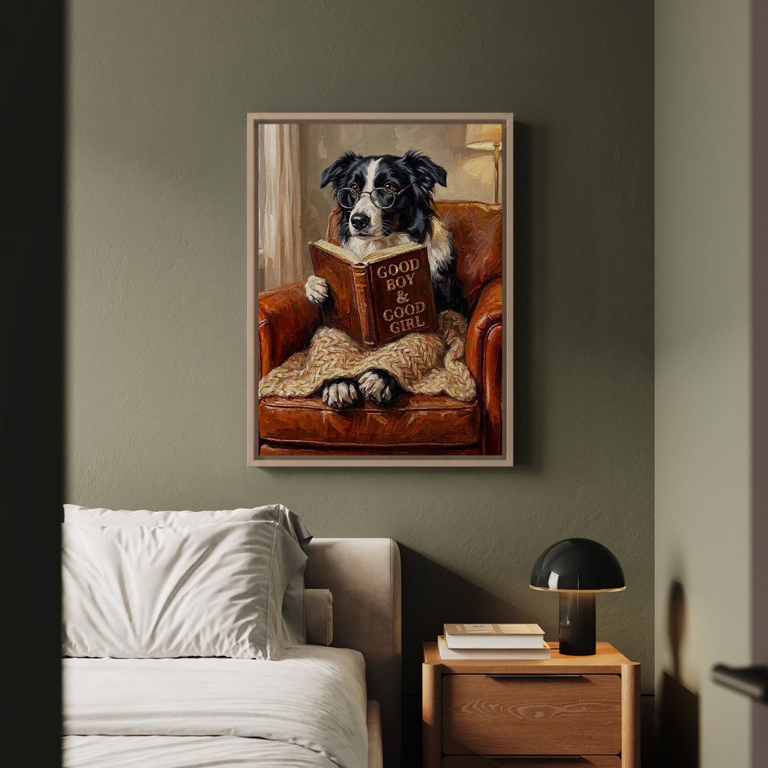 "Evening Read" - Border Collie Vertical Framed Canvas - Dog Lover Wall Art