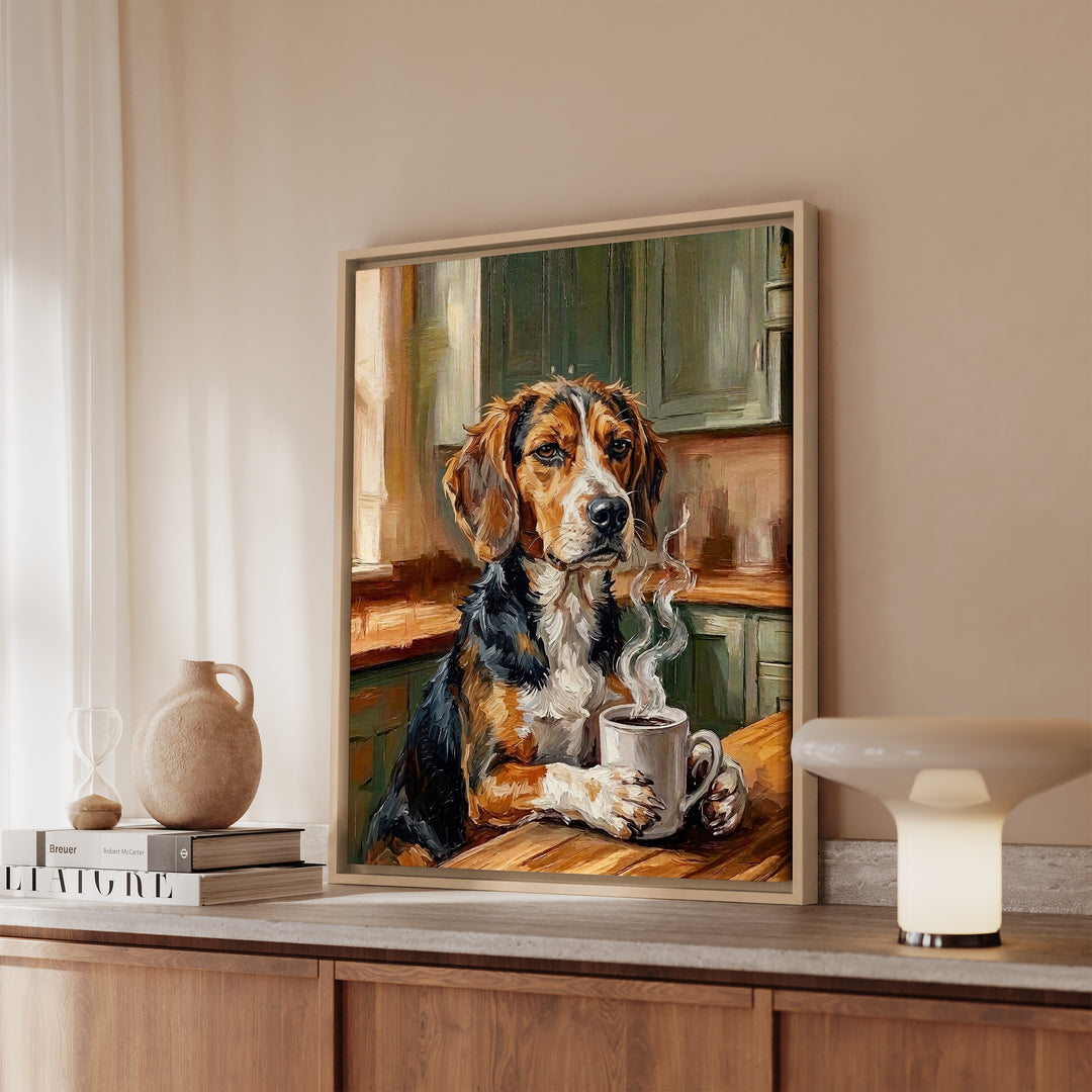 Beagle Before Coffee Framed Canvas