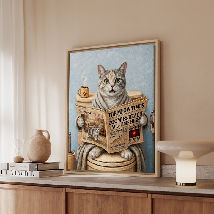 Dilute Calico Cat on the Toilet Funny Bathroom Art, Newspaper Reading Cat Print, Canvas or Framed Wall Art