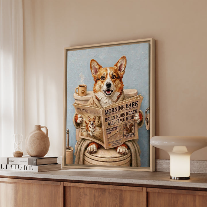 Corgi on the Toilet Funny Bathroom Art, Newspaper Reading Dog Print, Canvas or Framed Wall Art